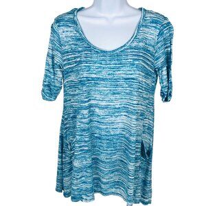 New York n Company T Shirt Size M White Blue 2 Side Pockets V neck Short Sleeves